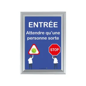 Cadre d'affichage A4 en alu avec affiche 'ENTREE ATTENDRE QU’UNE PERSONNE SORTE'