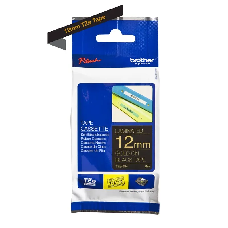 Cassette Brother TZE-334 - 12 mm - or / noir