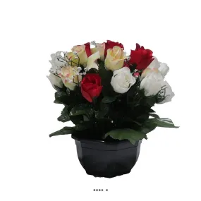 Composition fleurs artificielles cimetière pot boutons de roses Ø30cm rouge