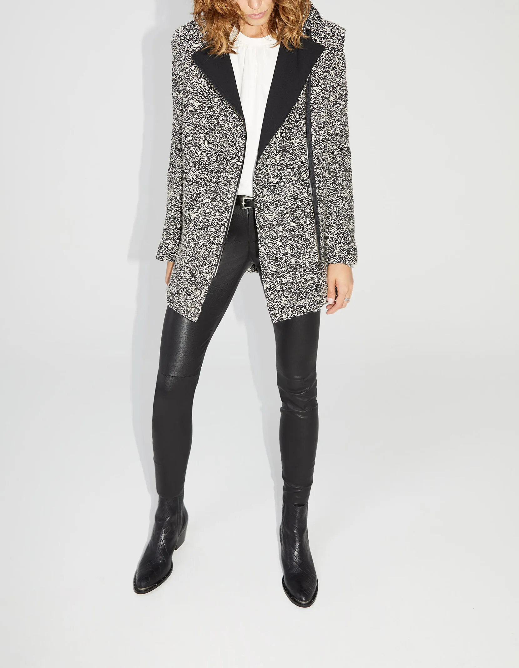 Manteau en mix laine chiné col faux cuir femme