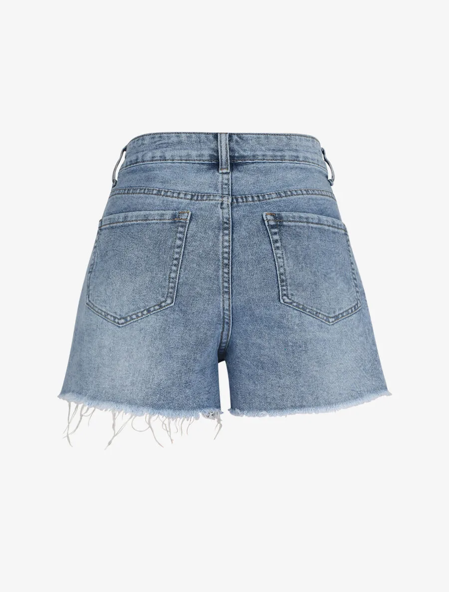 Mini short droit à bords effilochés - Bleu clair