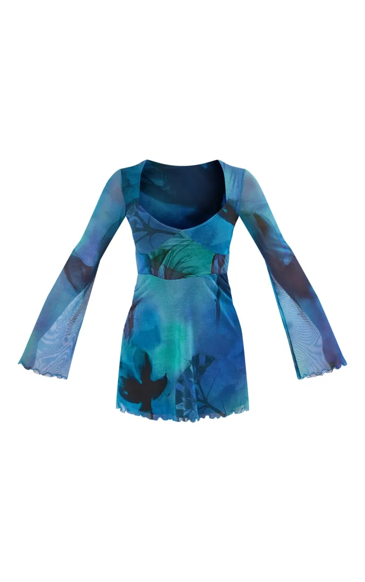 Robe droite en mesh bleu flou fleuri à détail buste