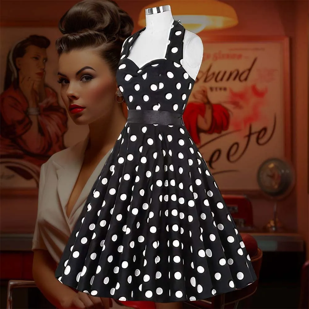 Robe Pin-Up  Noire à Pois Blancs  à Col Licou