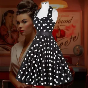 Robe Pin-Up  Noire à Pois Blancs  à Col Licou